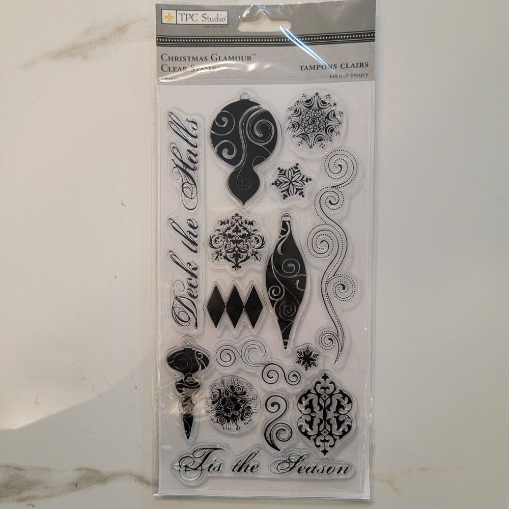 TPC Studio CHRISTMAS GLAMOUR Clear Cling Stamp Set of 15 Swirls Ornaments Flakes